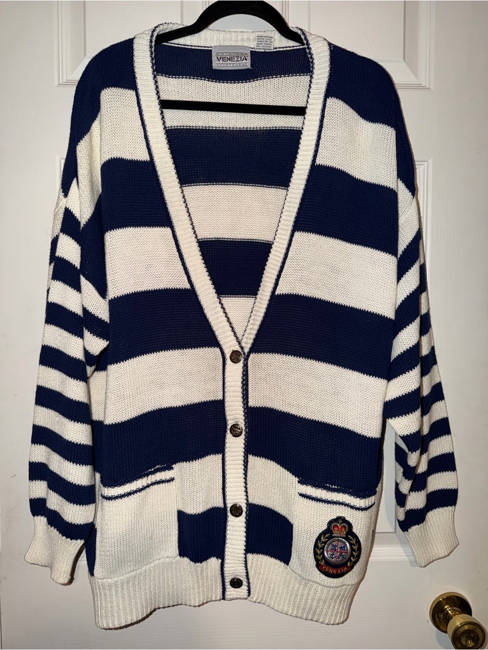 Venezia Vintage 90s Navy & White Striped Button-Front Preppy Cardigan Oversized